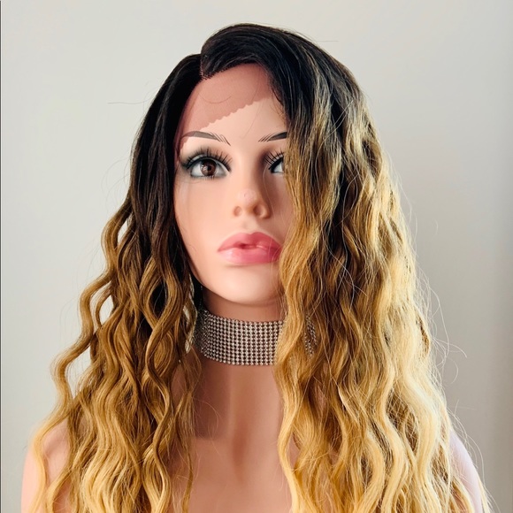 26” Water Wave Ombre Golden Brown/Blonde Premium Fiber Lace Front Wig - Picture 4 of 10